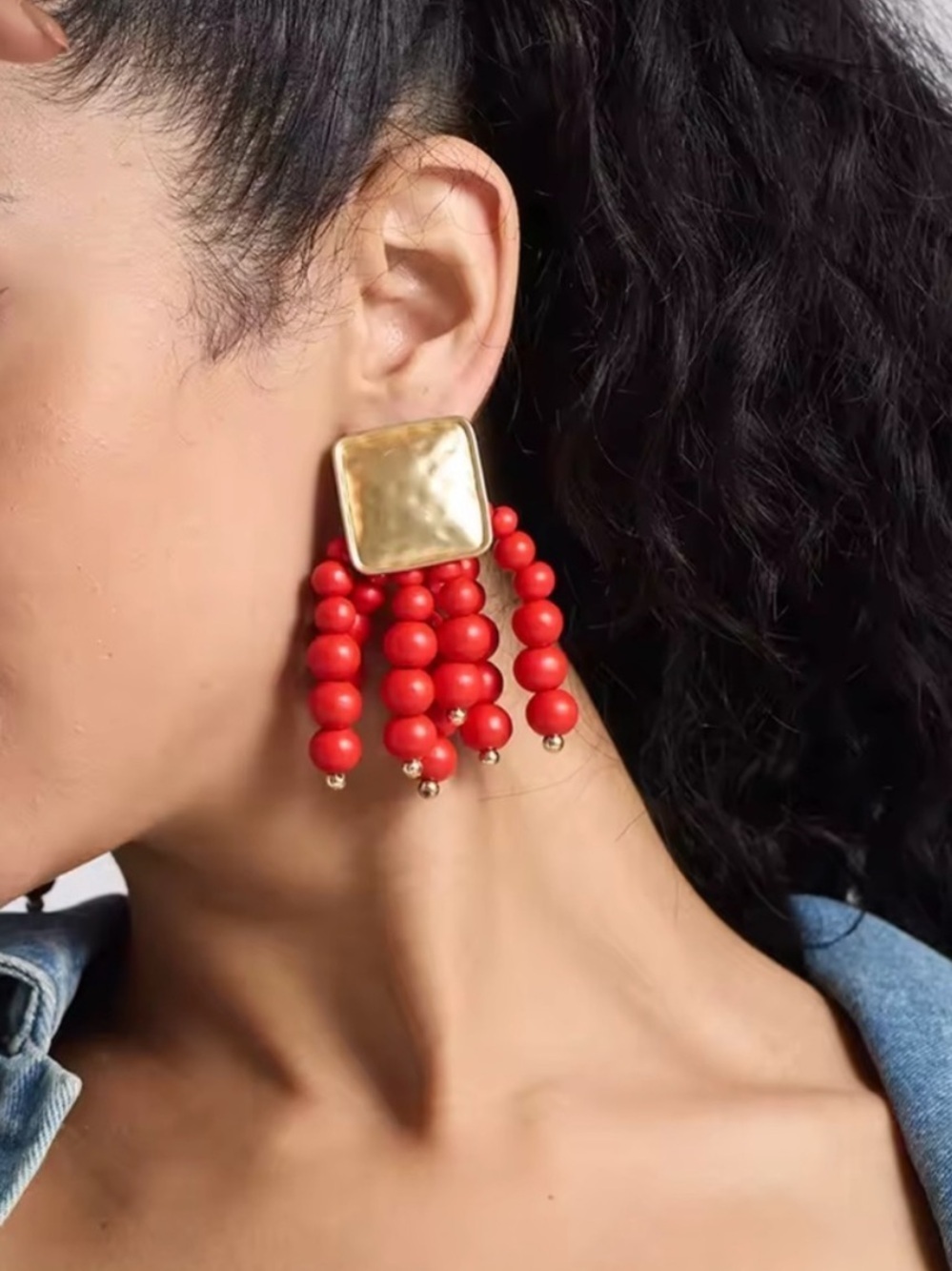 Golden Square Stud with Red Beaded Fringe Earrings
